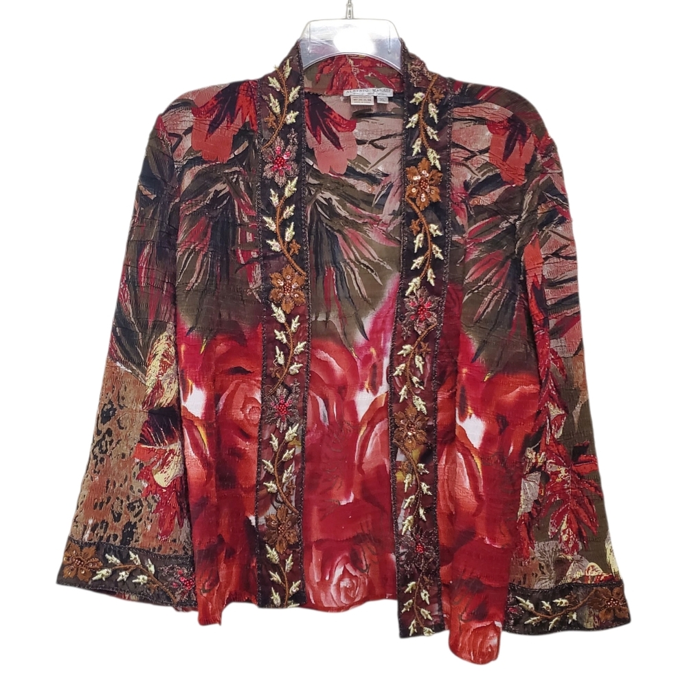 Alberto Makali Top Beaded Lace Crinkle Open Front Mix Prints